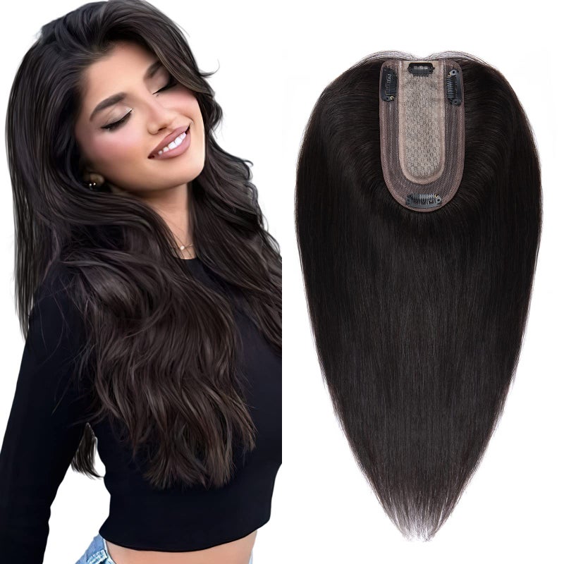 SEGO Real Human Hair Topper for Women No Bangs Hair Topper with AntiSlip Clips 6 Inch 1B Natural black